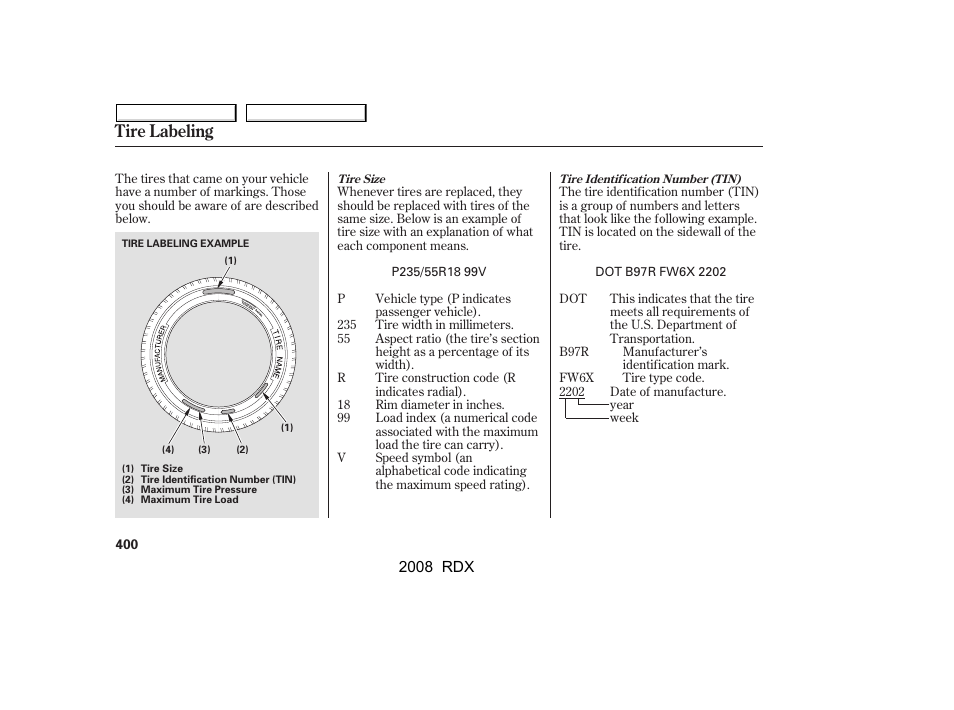 Tire labeling | Acura 2008 RDX User Manual | Page 404 / 433