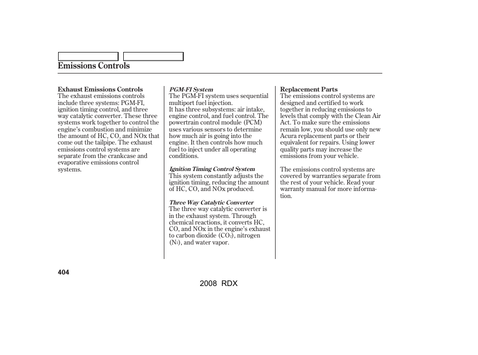 Emissions controls, 2008 rdx | Acura 2008 RDX User Manual | Page 408 / 433