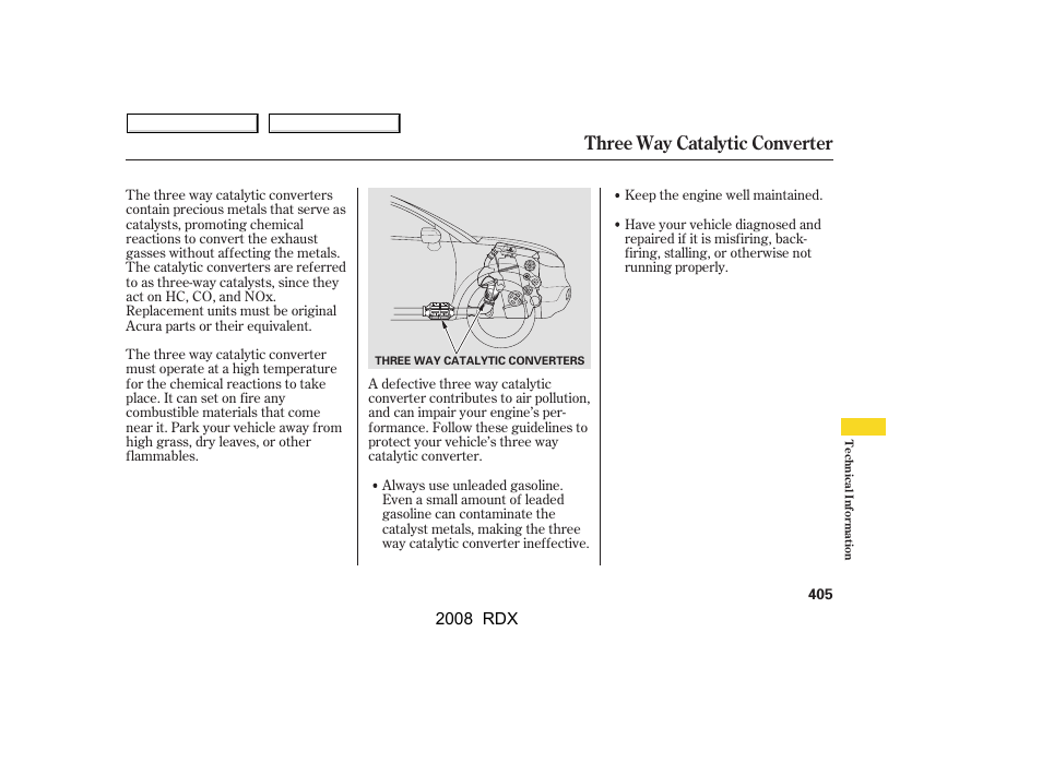 Three way catalytic converter | Acura 2008 RDX User Manual | Page 409 / 433
