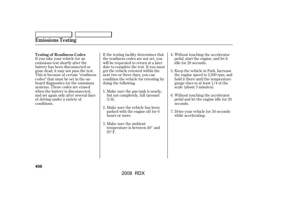 Emissions testing | Acura 2008 RDX User Manual | Page 410 / 433