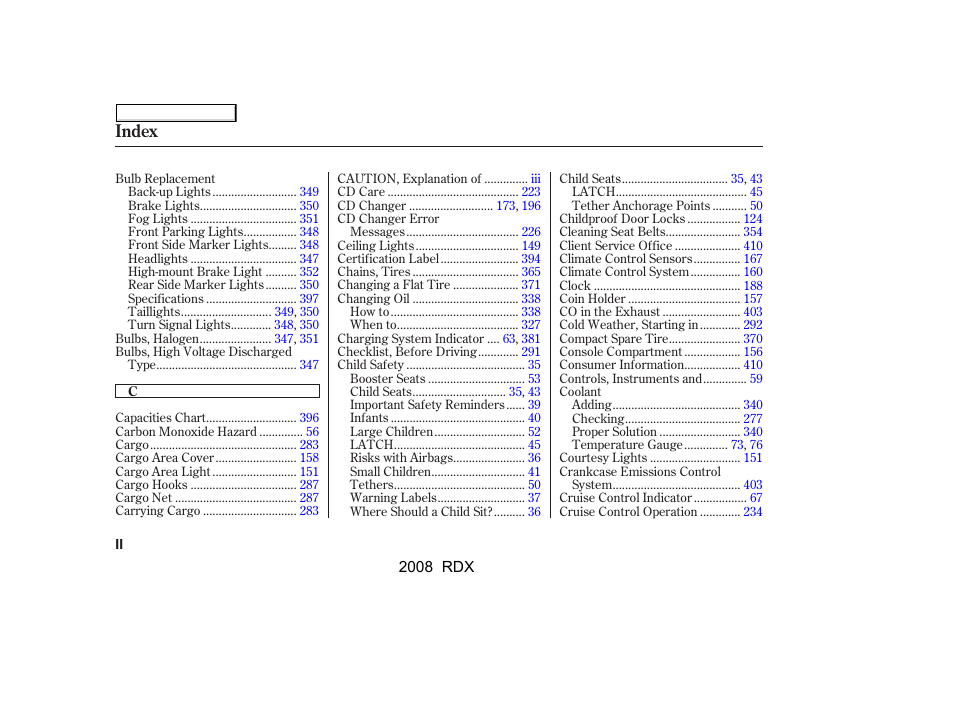 Index | Acura 2008 RDX User Manual | Page 420 / 433