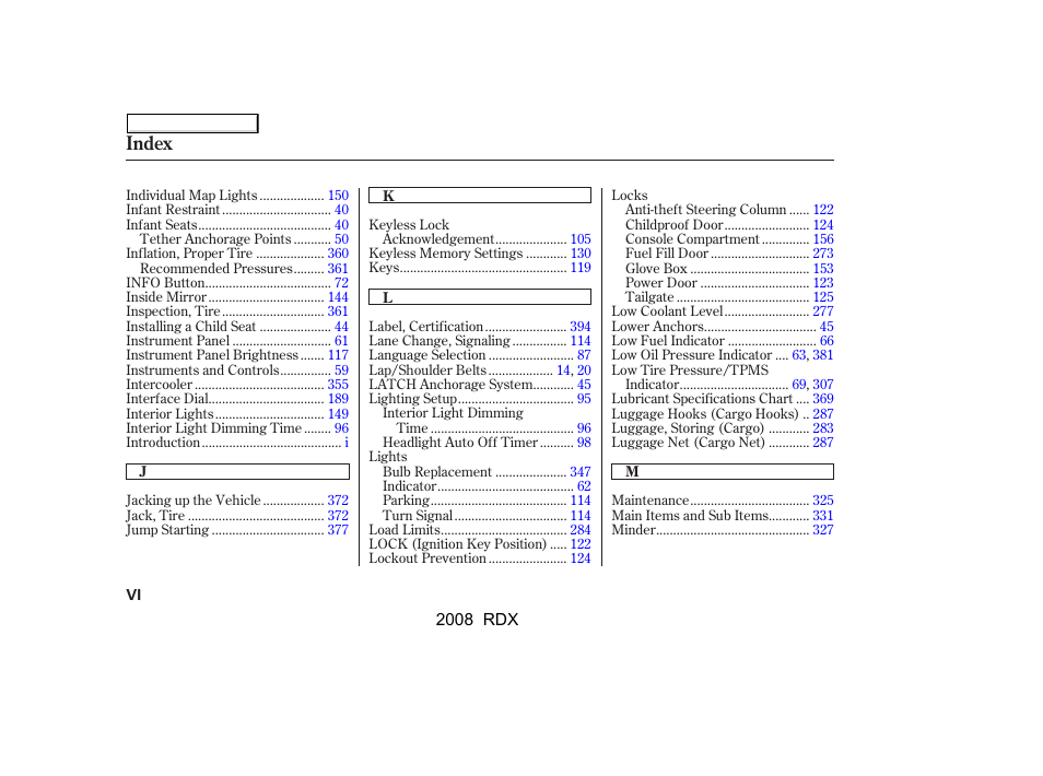 Index | Acura 2008 RDX User Manual | Page 424 / 433