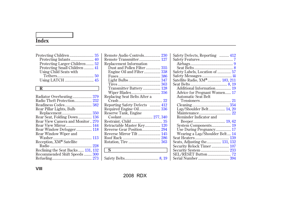 Index | Acura 2008 RDX User Manual | Page 426 / 433