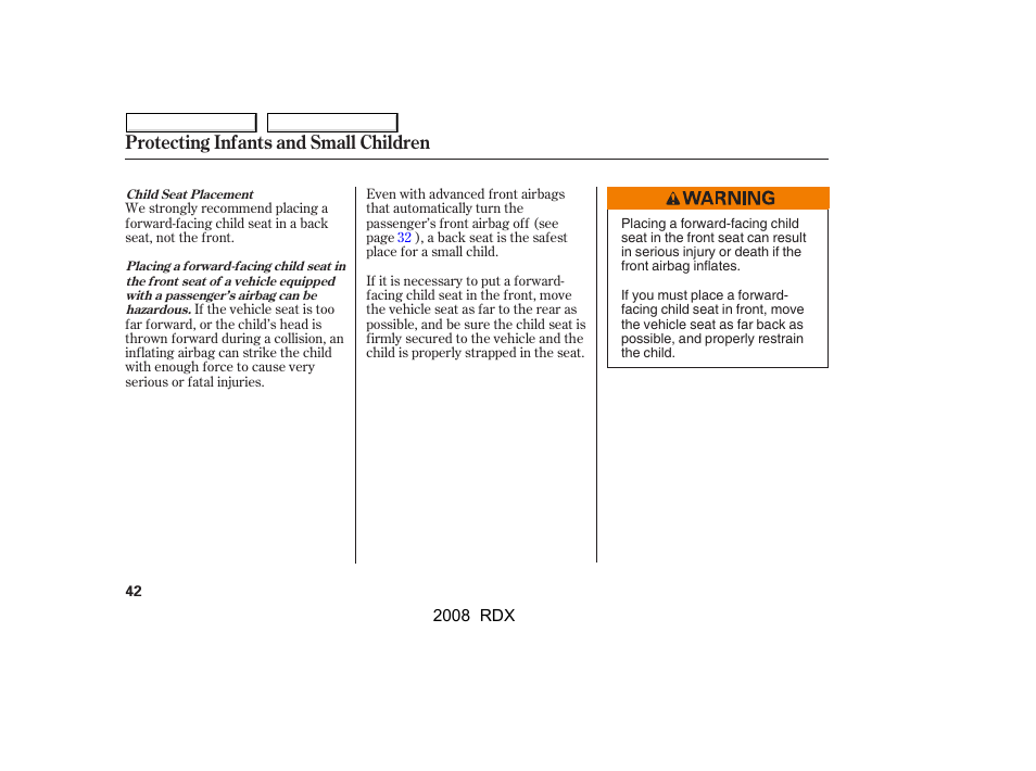 Protecting infants and small children | Acura 2008 RDX User Manual | Page 46 / 433