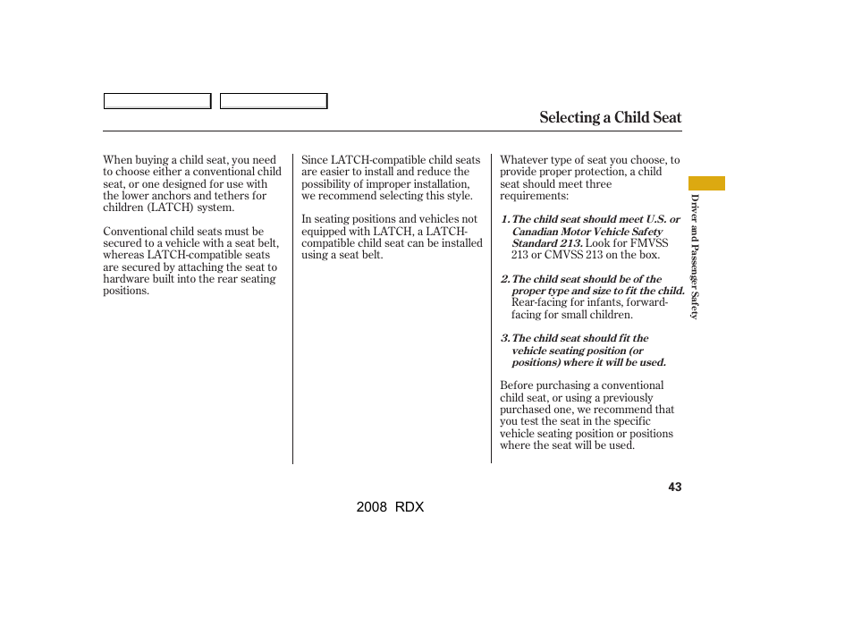 Selecting a child seat, 2008 rdx | Acura 2008 RDX User Manual | Page 47 / 433