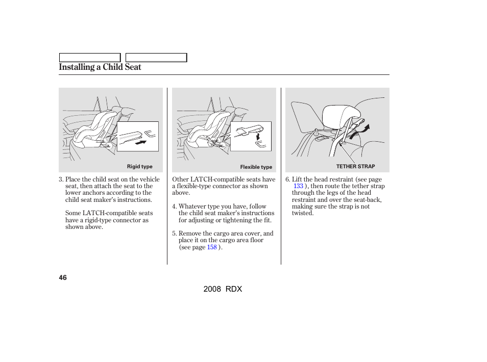 Installing a child seat | Acura 2008 RDX User Manual | Page 50 / 433