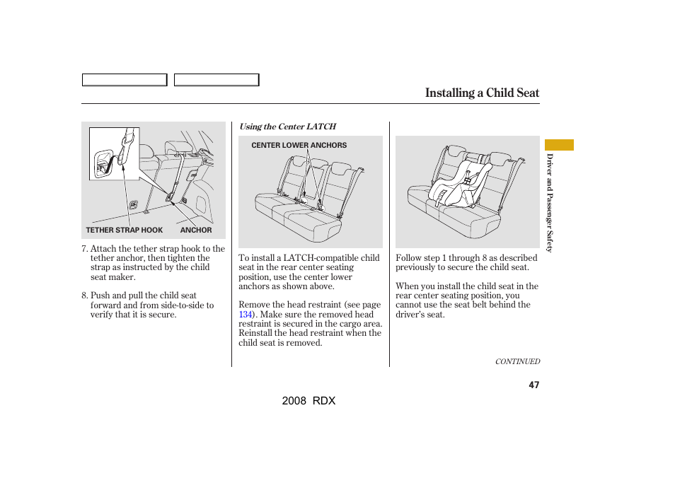 Installing a child seat, 2008 rdx | Acura 2008 RDX User Manual | Page 51 / 433