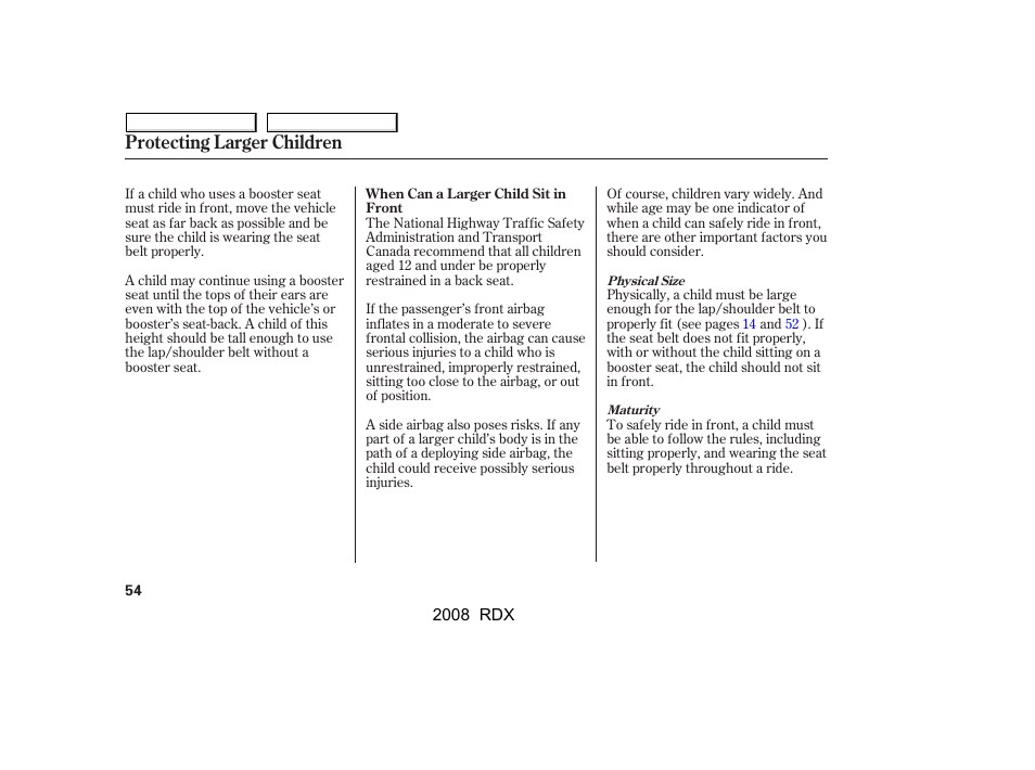Protecting larger children | Acura 2008 RDX User Manual | Page 58 / 433