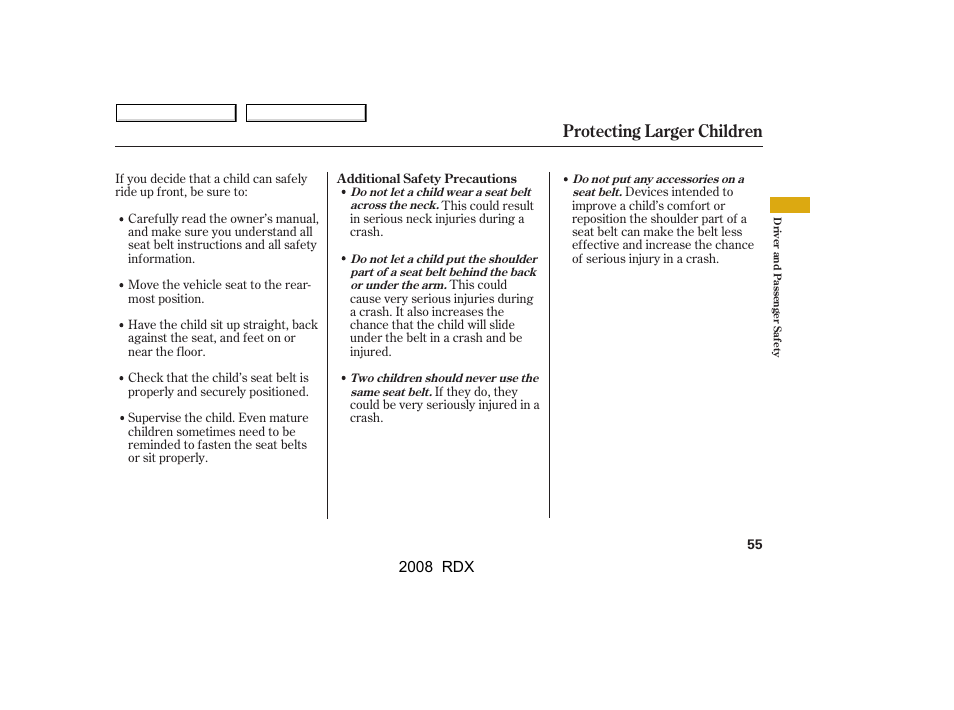 Protecting larger children | Acura 2008 RDX User Manual | Page 59 / 433
