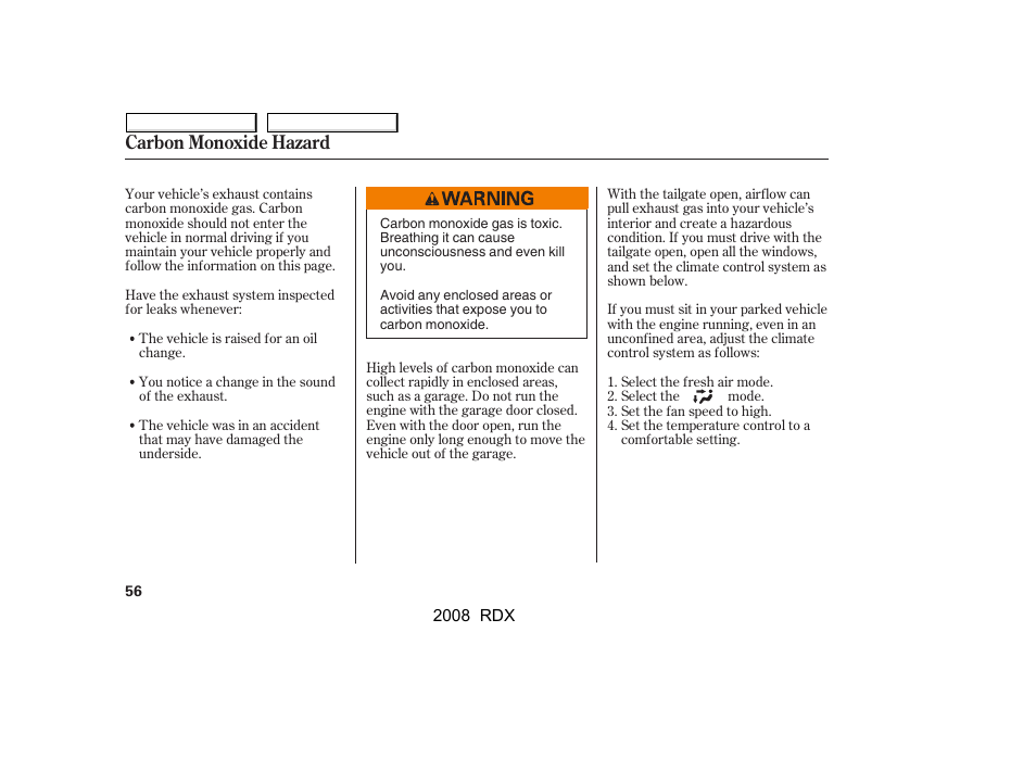 Carbon monoxide hazard | Acura 2008 RDX User Manual | Page 60 / 433