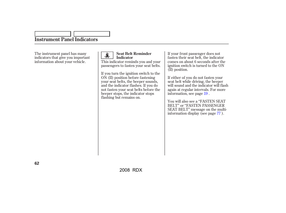 Instrument panel indicators | Acura 2008 RDX User Manual | Page 66 / 433