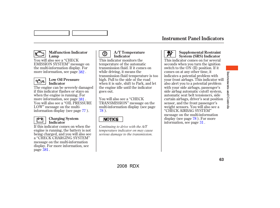 Instrument panel indicators | Acura 2008 RDX User Manual | Page 67 / 433