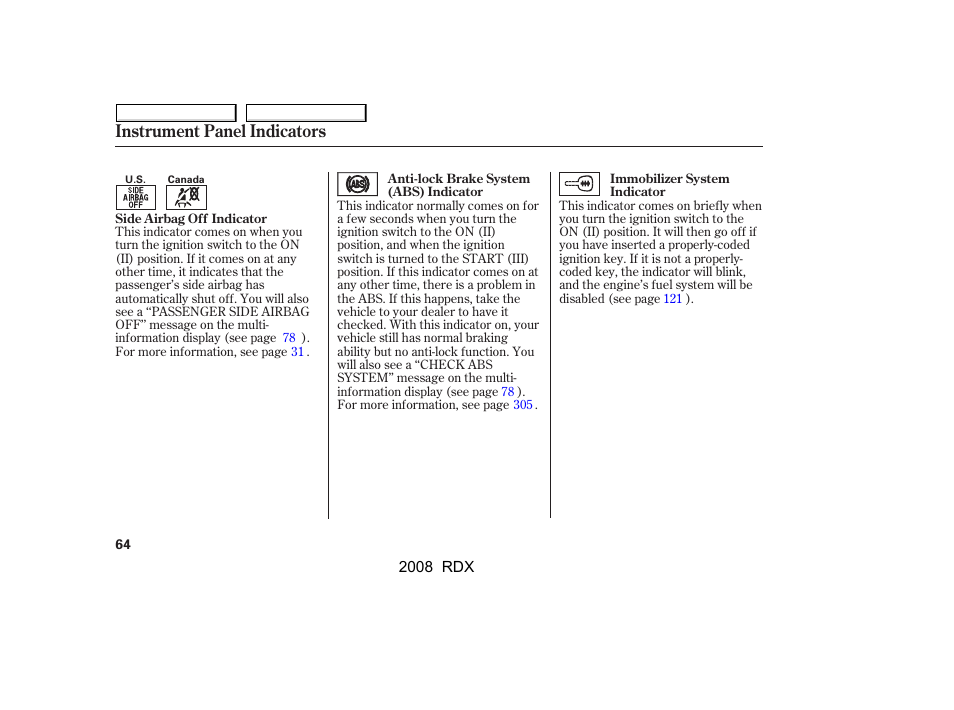 Instrument panel indicators | Acura 2008 RDX User Manual | Page 68 / 433