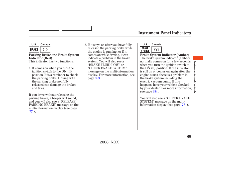 Instrument panel indicators, 2008 rdx | Acura 2008 RDX User Manual | Page 69 / 433