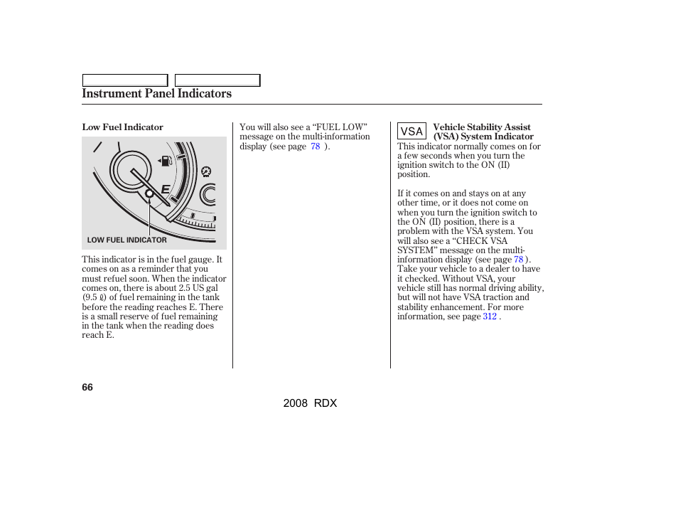 Instrument panel indicators | Acura 2008 RDX User Manual | Page 70 / 433