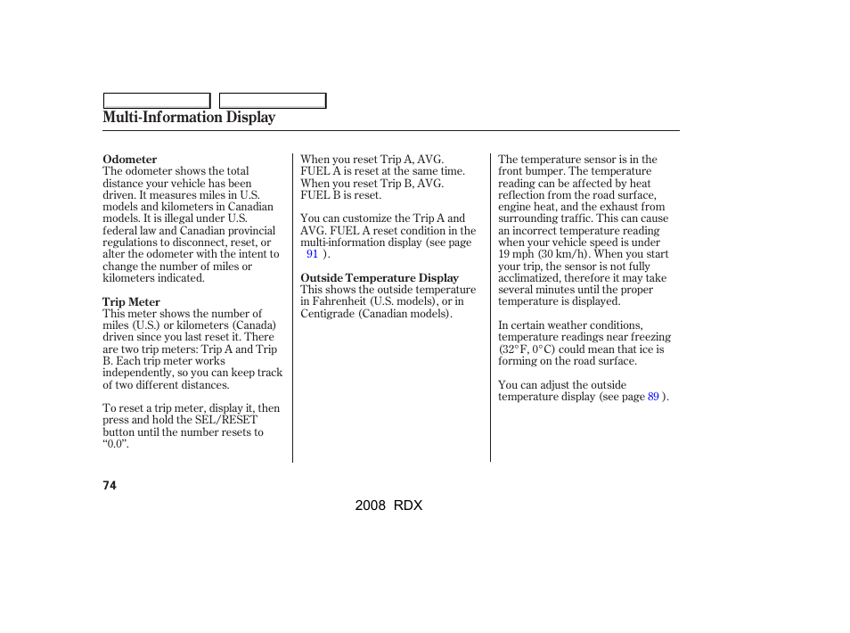 Multi-information display | Acura 2008 RDX User Manual | Page 78 / 433