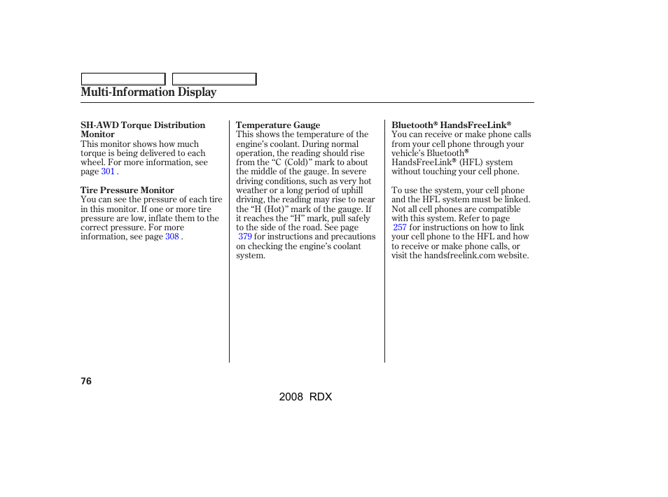 Multi-information display | Acura 2008 RDX User Manual | Page 80 / 433