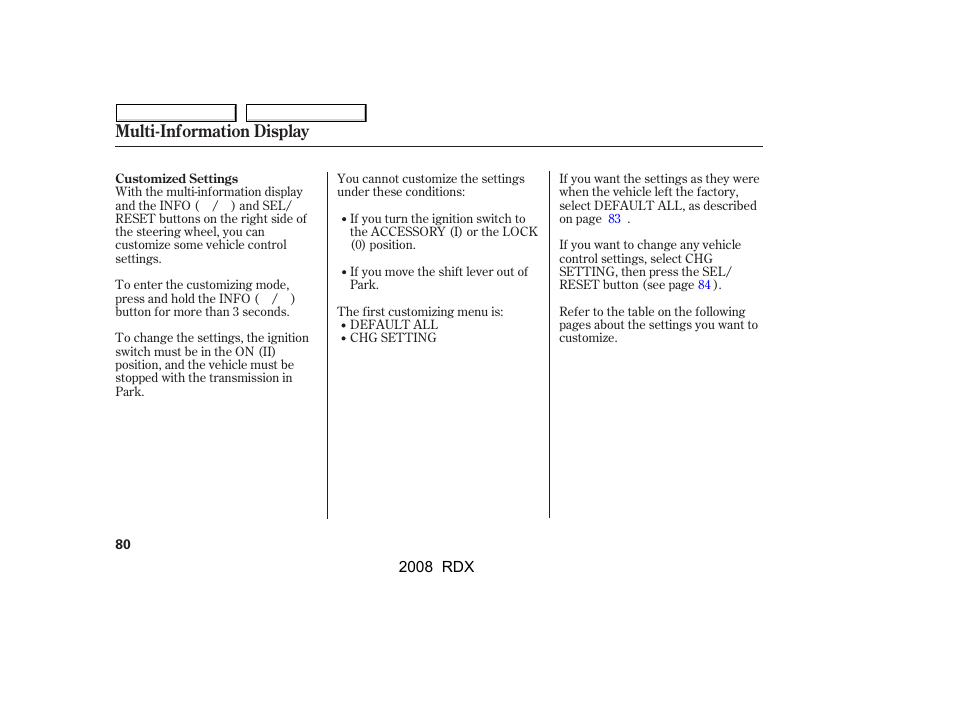 Multi-information display | Acura 2008 RDX User Manual | Page 84 / 433