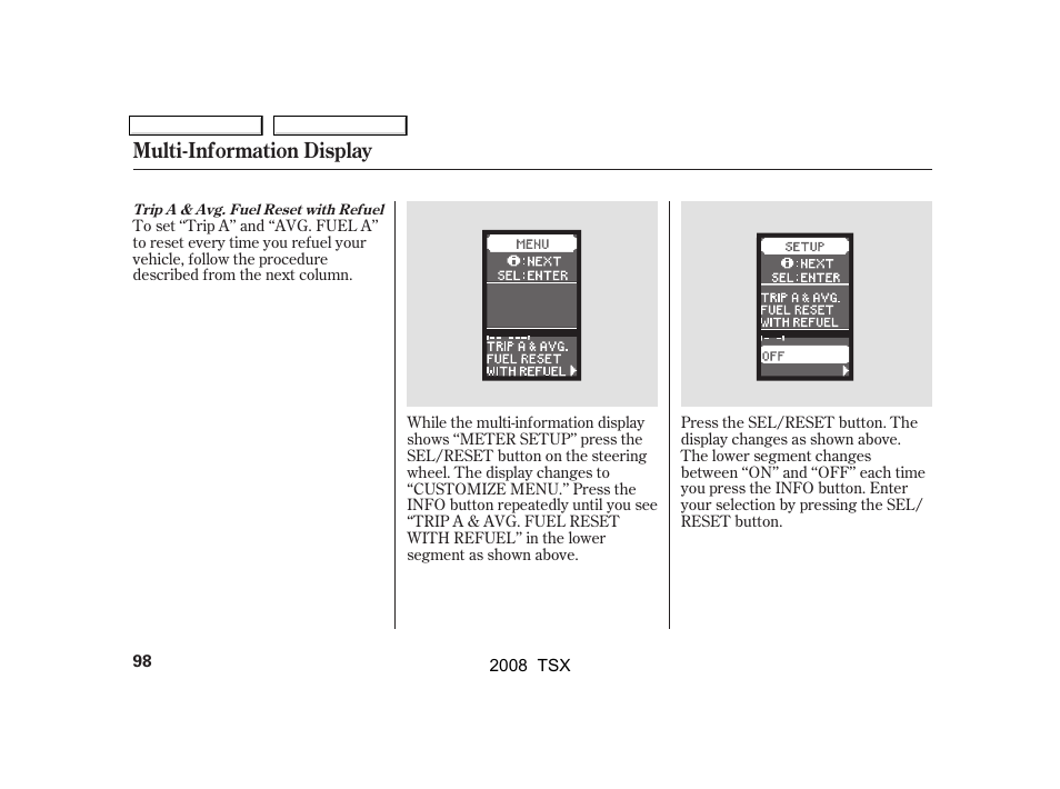 Multi-information display | Acura 2008 TSX User Manual | Page 101 / 388