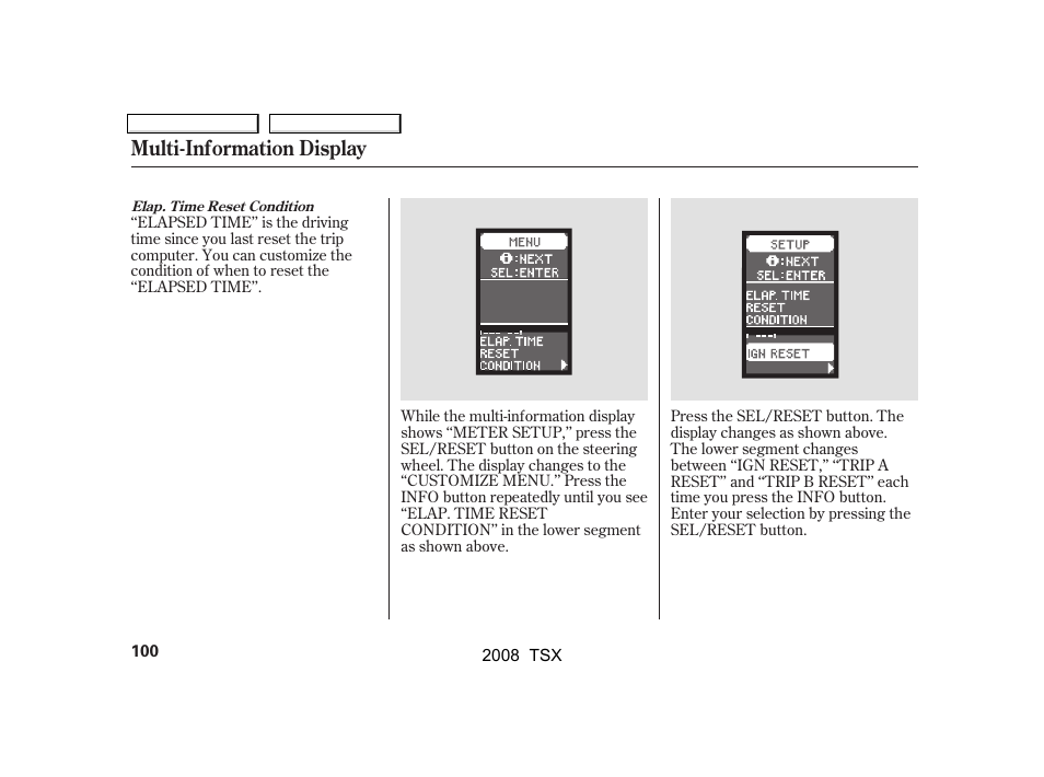 Multi-information display | Acura 2008 TSX User Manual | Page 103 / 388