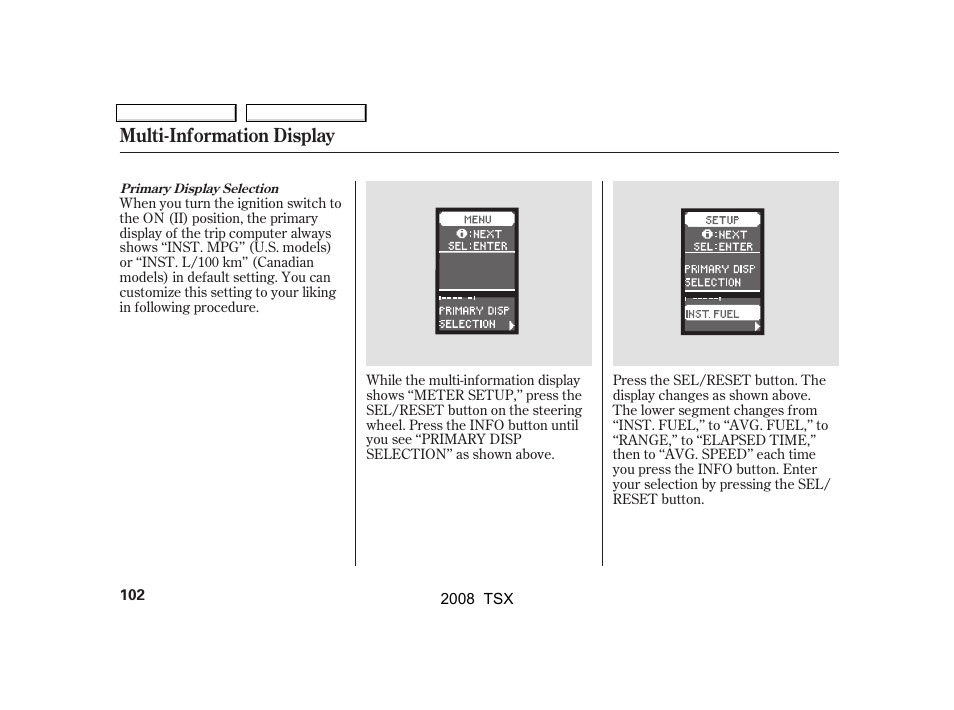 Multi-information display | Acura 2008 TSX User Manual | Page 105 / 388