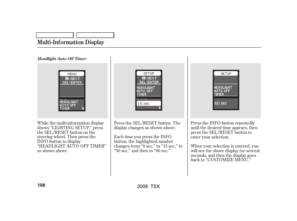 Multi-information display | Acura 2008 TSX User Manual | Page 111 / 388