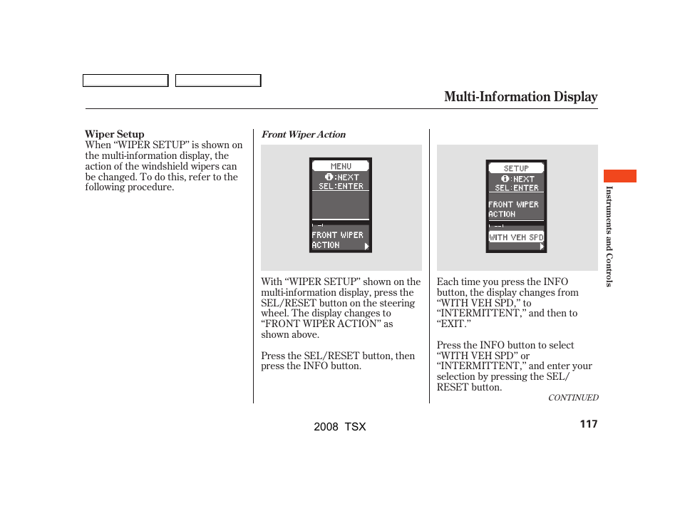 Multi-information display | Acura 2008 TSX User Manual | Page 120 / 388