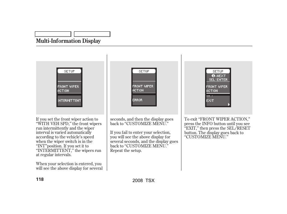 Multi-information display | Acura 2008 TSX User Manual | Page 121 / 388