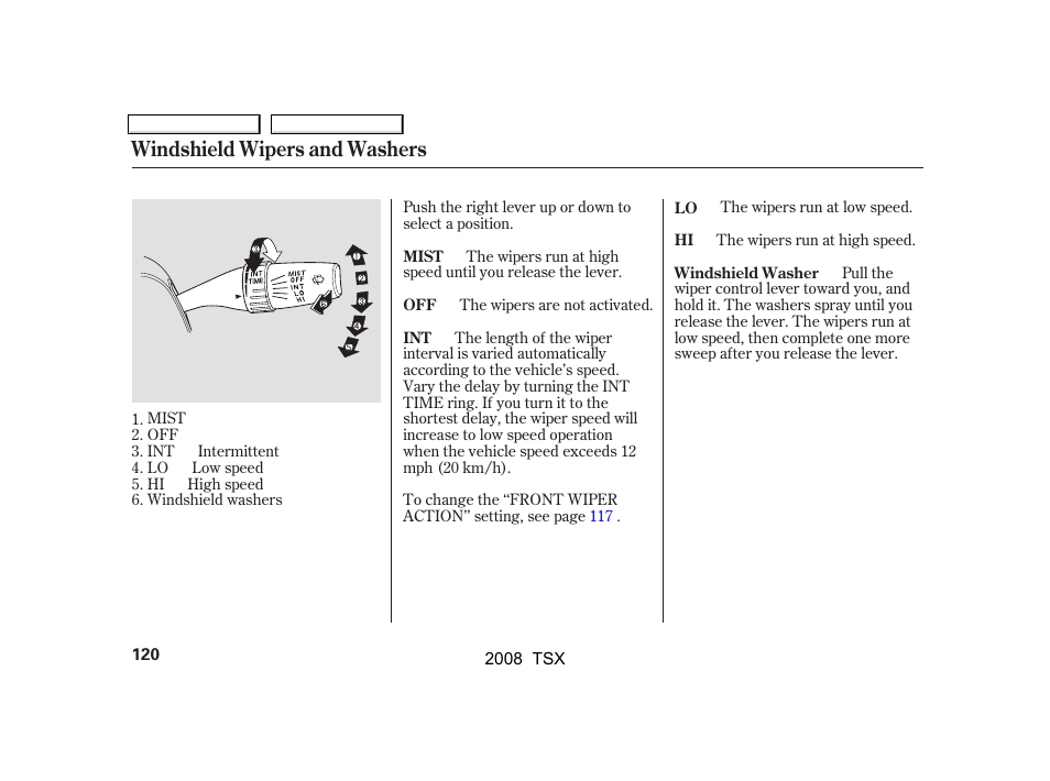 Windshield wipers and washers | Acura 2008 TSX User Manual | Page 123 / 388