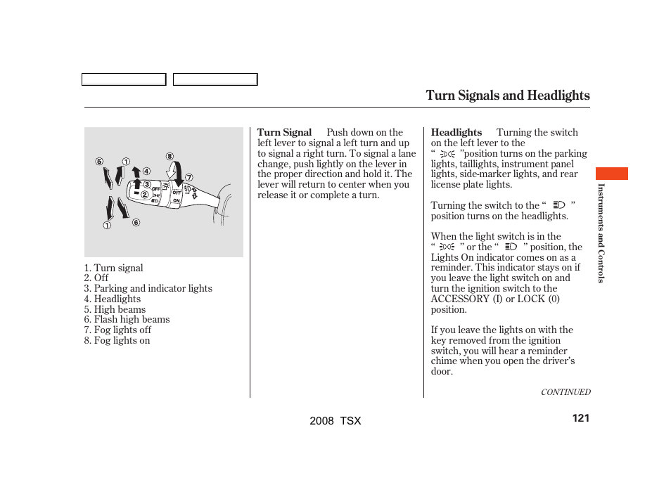 Turn signals and headlights | Acura 2008 TSX User Manual | Page 124 / 388