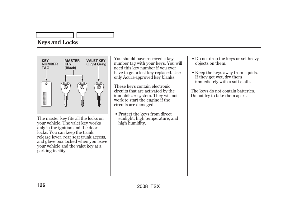 Keys and locks | Acura 2008 TSX User Manual | Page 129 / 388