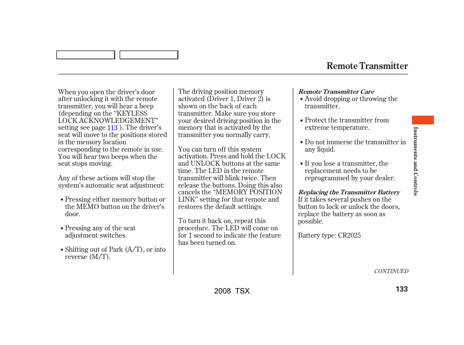 Remote transmitter | Acura 2008 TSX User Manual | Page 136 / 388