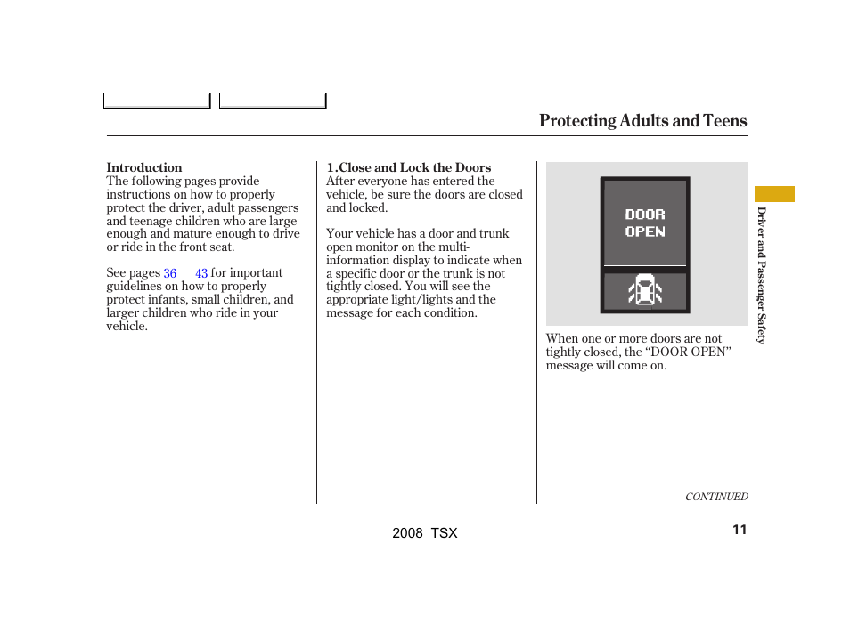 Protecting adults and teens | Acura 2008 TSX User Manual | Page 14 / 388