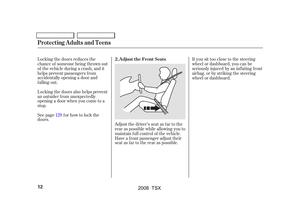 Protecting adults and teens | Acura 2008 TSX User Manual | Page 15 / 388