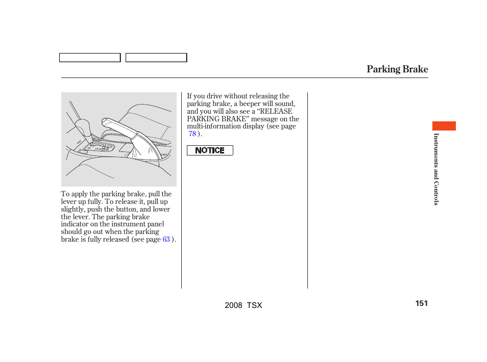 Parking brake | Acura 2008 TSX User Manual | Page 154 / 388