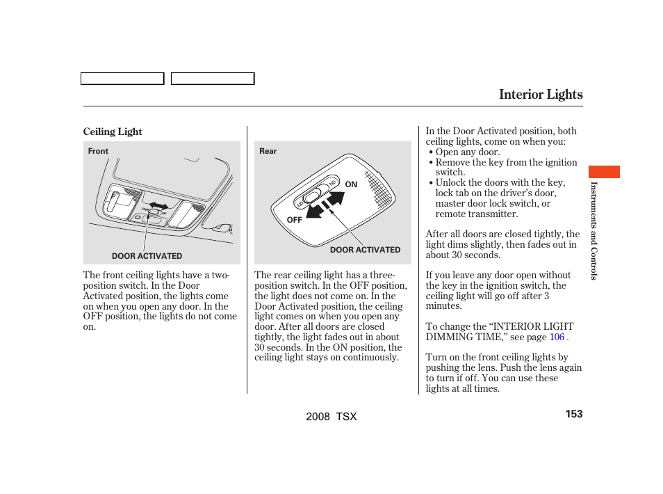 Interior lights | Acura 2008 TSX User Manual | Page 156 / 388