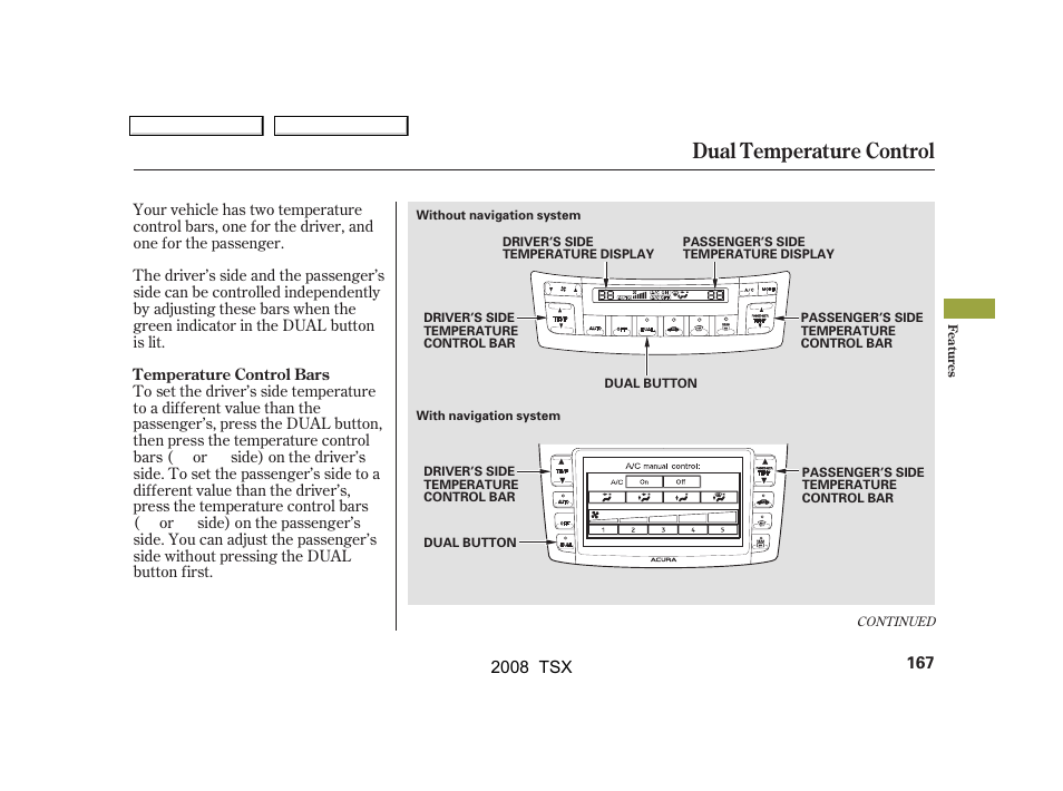 Dual temperature control | Acura 2008 TSX User Manual | Page 170 / 388