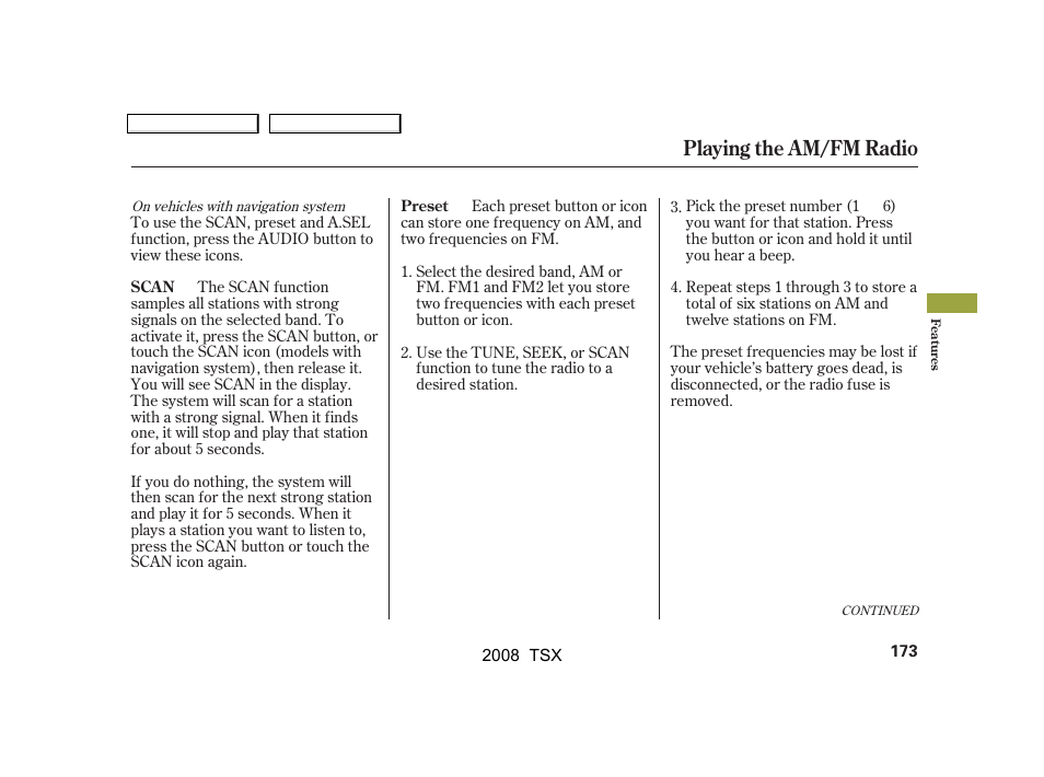 Playing the am/fm radio | Acura 2008 TSX User Manual | Page 176 / 388