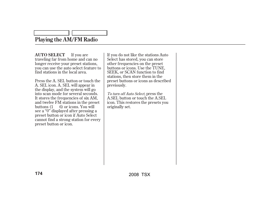 Playing the am/fm radio | Acura 2008 TSX User Manual | Page 177 / 388