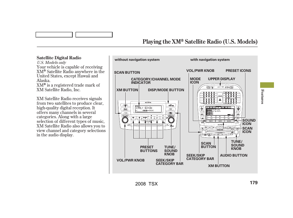 Playing the xm satellite radio (u.s. models) | Acura 2008 TSX User Manual | Page 182 / 388