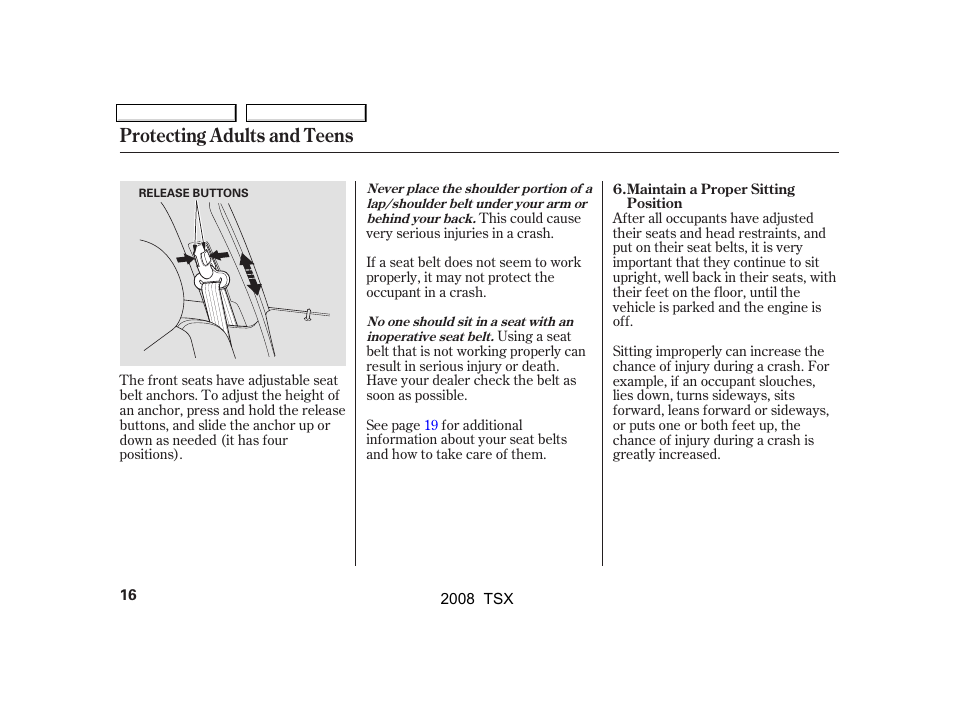 Protecting adults and teens | Acura 2008 TSX User Manual | Page 19 / 388