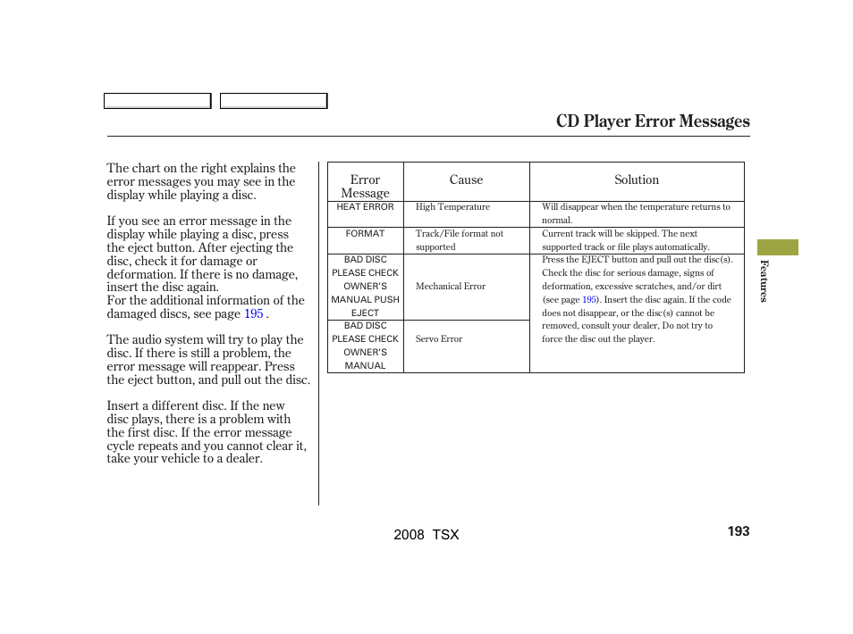 Cd player error messages, 2008 tsx | Acura 2008 TSX User Manual | Page 196 / 388