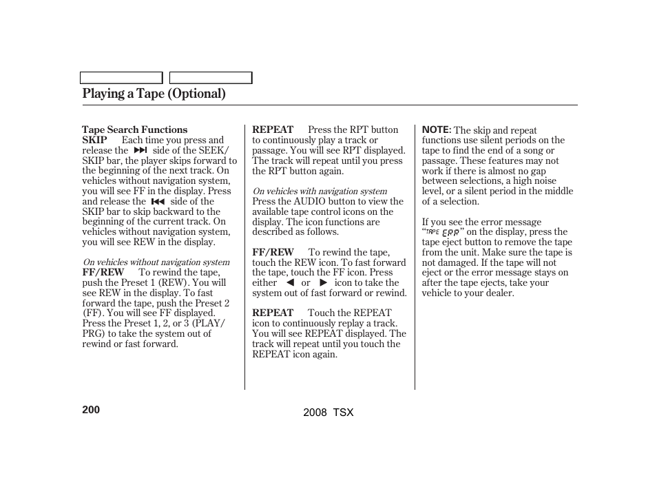 Playing a tape (optional) | Acura 2008 TSX User Manual | Page 203 / 388