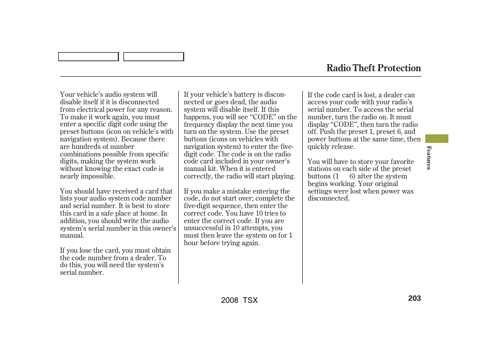 Radio theft protection | Acura 2008 TSX User Manual | Page 206 / 388