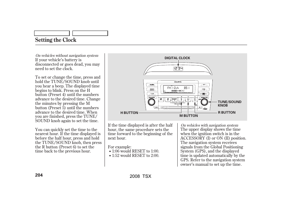 Setting the clock | Acura 2008 TSX User Manual | Page 207 / 388