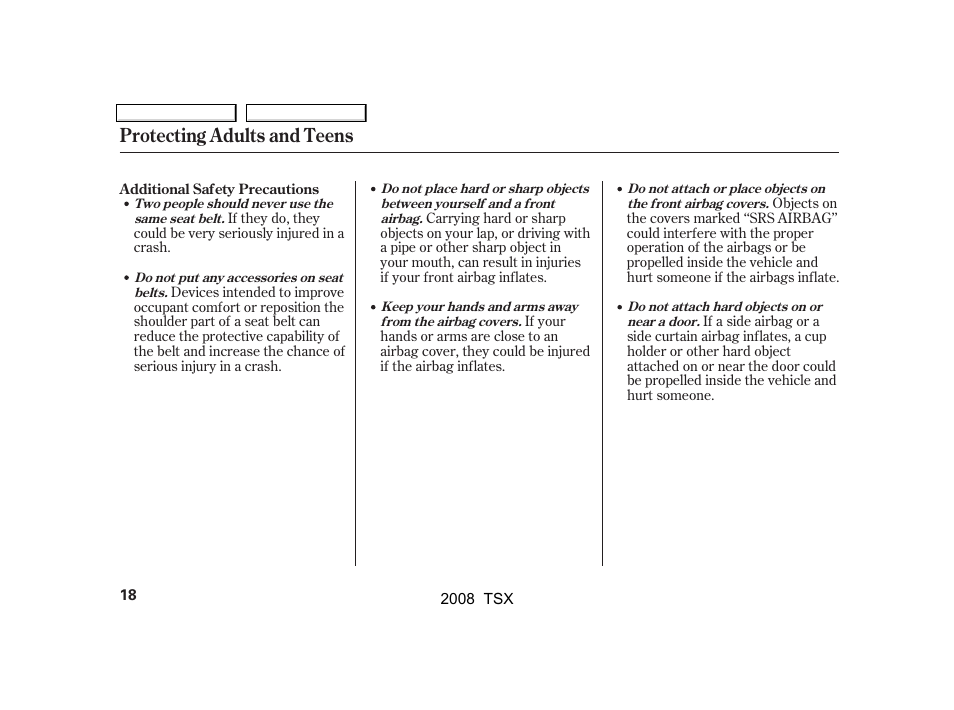 Protecting adults and teens | Acura 2008 TSX User Manual | Page 21 / 388