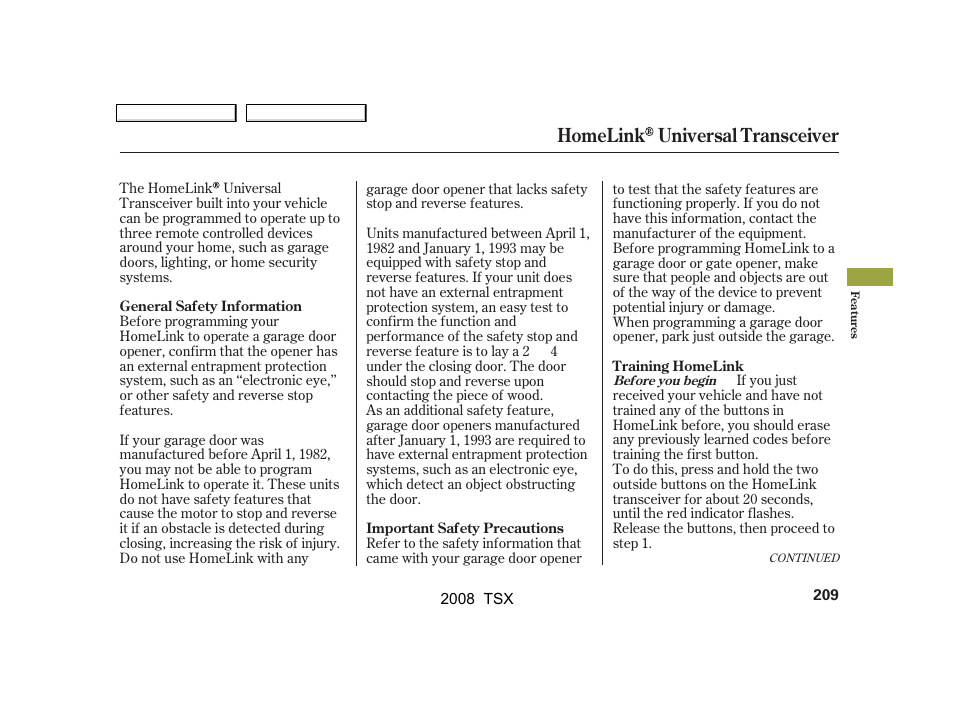 Homelink universal transceiver | Acura 2008 TSX User Manual | Page 212 / 388