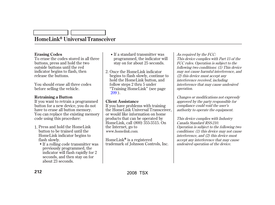 Homelink universal transceiver | Acura 2008 TSX User Manual | Page 215 / 388