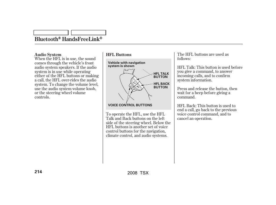 Bluetooth handsfreelink | Acura 2008 TSX User Manual | Page 217 / 388