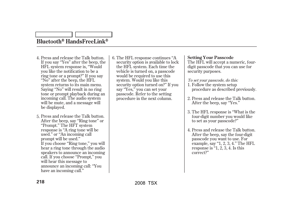 Bluetooth handsfreelink | Acura 2008 TSX User Manual | Page 221 / 388